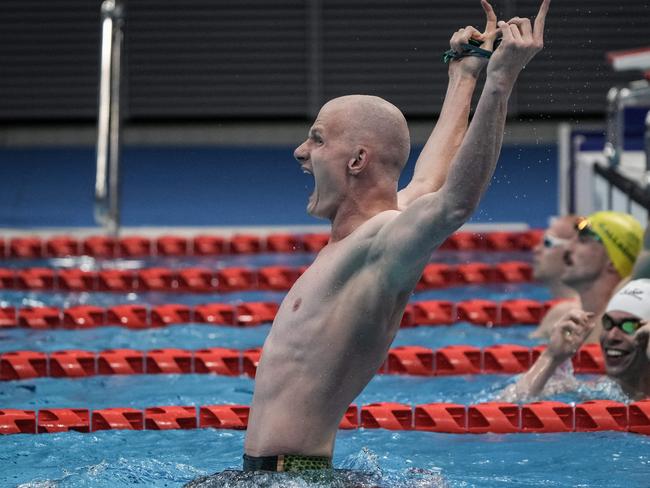 Rowan Crothers reacts after winning the final of men’s 50m freestyle (S10). Picture: AFP