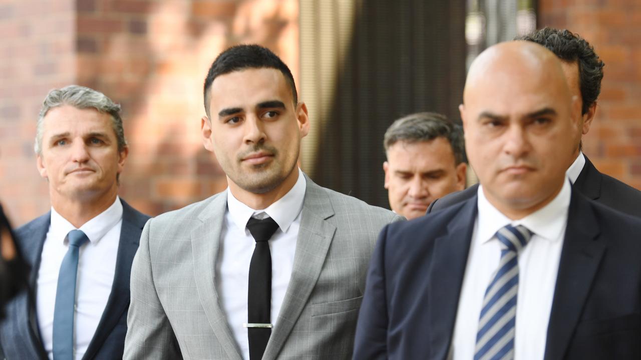 Penrith Panthers NRL player Tyrone May (C) was supported by coach Ivan Cleary (L) during his time at court in 2019. Picture: AAP Image/Dean Lewins