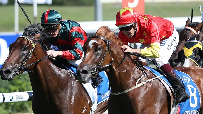 Invader ridden by Hugh Bowman (right), wins the ATC Sires Produce Stakes at Randwick in April. Photo: David Moir, AAP Image.