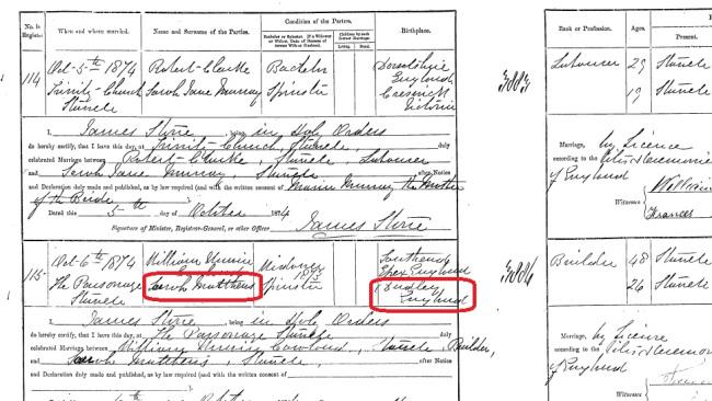 Sarah Matthews - entry in marriage register