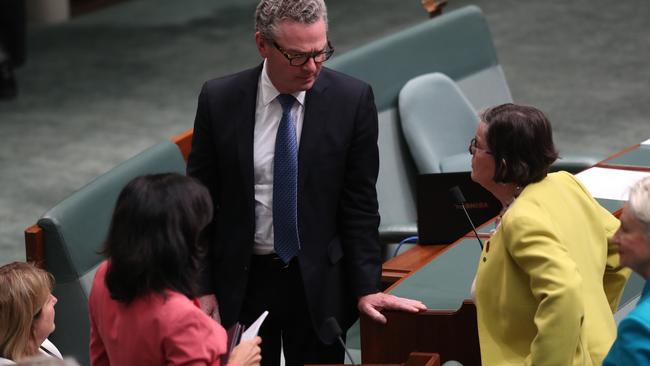 Julia Banks, Rebekha Sharkie talk to Christopher Pyne and Cathy McGowan and Kerryn Phelps in Question Time yesterday. Picture: Kym Smith