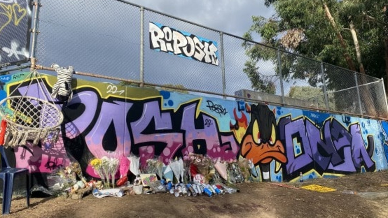 A makeshift memorial has been set up in front of a mural Balin painted at Greensborough skate park. Picture: Supplied