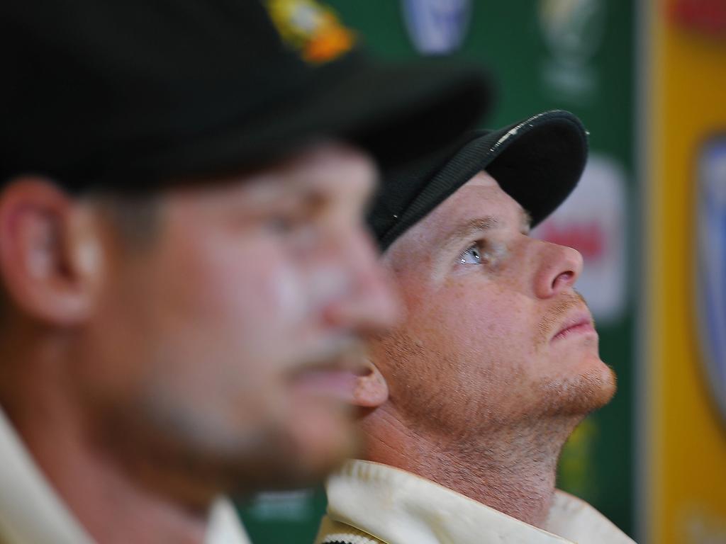 Steve Smith and Cameron Bancroft face the media after the ball-tampering incident in March 2018.