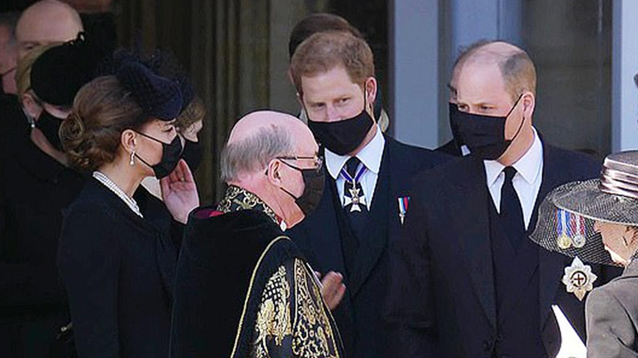 Prince Harry and Prince William were captured walking together after the funeral service for Prince Philip, but reports suggested their reunion was tense. Picture: BBC