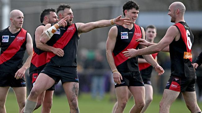 Riddell players celebrate a goal. Picture: Andy Brownbill