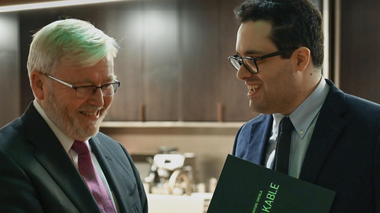 Kevin Rudd and the composer Michael Grebla, who wrote Unbreakable to play at the one year anniversary of the new Australian Embassy in Washington DC. Picture: Supplied