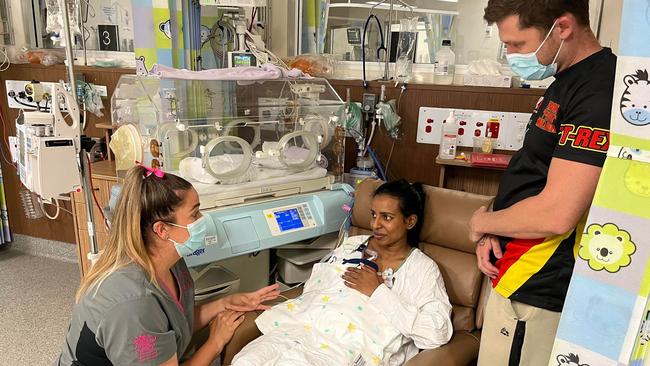 Nurse Sari Kocsardi with Diana Peter, Dean Wood and baby Micah at Ipswich Hospital Special Care Nursery. Picture: Supplied / Ipswich Hospital Foundation