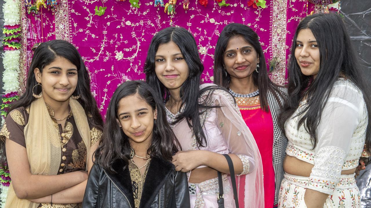 (from left) Tani Bhardwaj, Krishna Priya Bhardwaj, Mani Bhardwaj, Minal Patel and Radhika Bhardwaj. Krishna Janmashtami celebrations in Toowoomba Civic Square. Sunday, August 28, 2022. Picture: Nev Madsen.