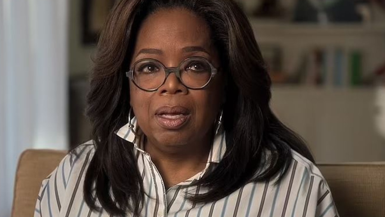 Oprah Winfrey cries during her interview with Prince Harry. The pair have co-produced a documentary series on mental health for Apple TV+. Picture: Apple