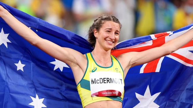 McDermott celebrates winning the silver medal in the women's high jump final in Tokyo. Picture: Getty Images