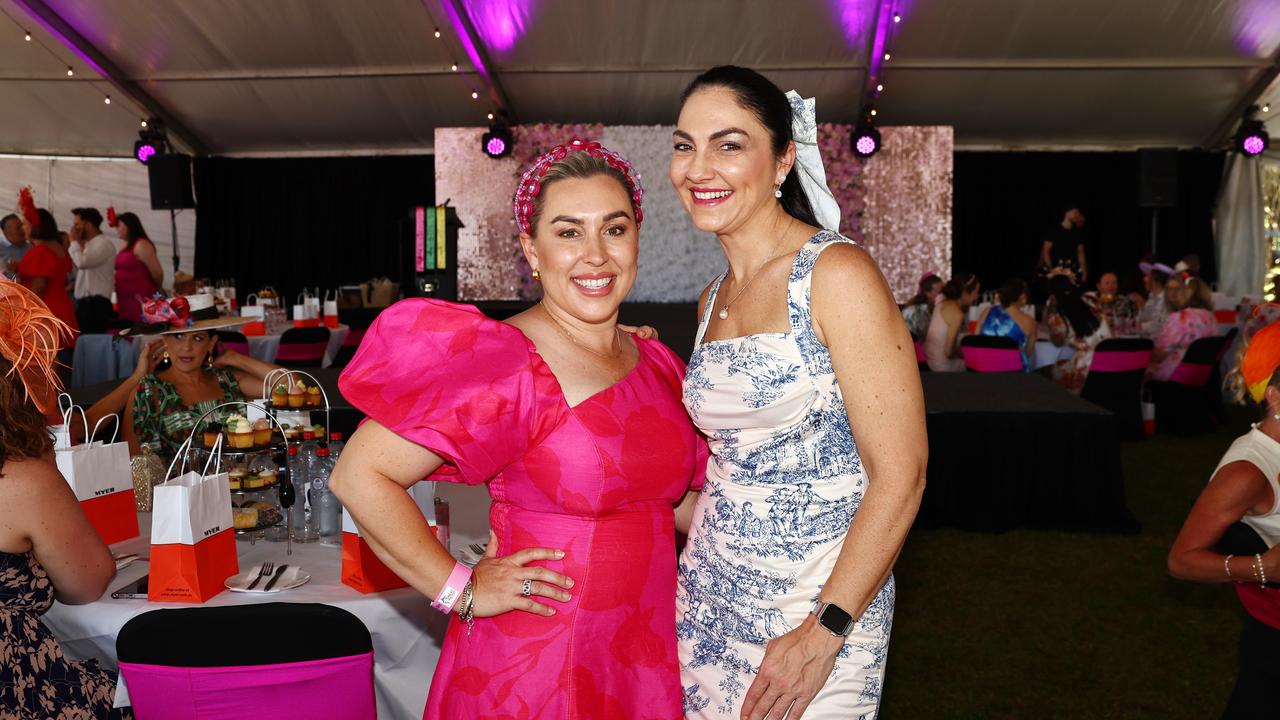 Louise Zappala and Amanda Zappala at the Cairns Amateurs High Tea, held under the waterfront marque on the Cairns Esplanade Eastern Events lawn. Picture: Brendan Radke