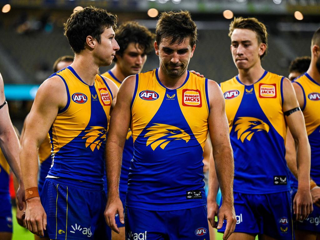 After a round one loss at home to Gold Coast, the Eagles are set to be depleted for their next match against the Kangaroos. Picture: Daniel Carson/AFL Photos via Getty Images
