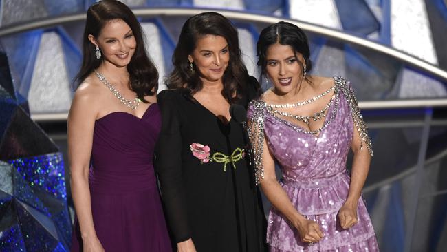 Ashley Judd, Annabella Sciorra and Salma Hayek speak about the #timesup movement. Picture: AP