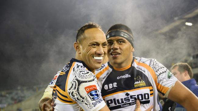 Brumbies Allan Alaalatoa and Christian Lealiifano enjoy the big win over the Queensland Reds at GIO Stadium. Picture: AAP Image/Rohan Thomson