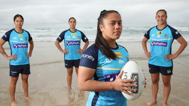 Titans players Karli Hansen, Shannon Mato, Destiny Brill and Tiana Raftstrand-Smith are among a talented squad for the club’s inaugural NRLW season. Picture: Glenn Hampson