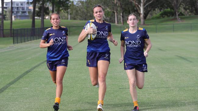 Bond University will field their first ever Women's XV in the Queensland Premier Rugby competition this year. Jetaya Faifua 16, Caity Costello 24 and Faythe Manera 16. . Picture Glenn Hampson