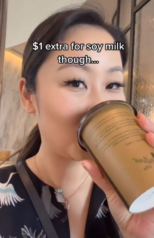 She was charged $8.90 for a large soy latte at Crown Towers in Barangaroo. Picture: TikTok/migrationlawyer