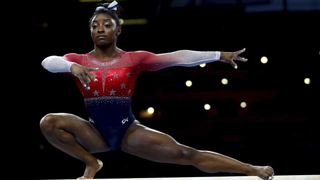 American gymnast Simone Biles on the balance beam during the Gymnastics World Championships in Stuttgart, Germany. Picture: AP