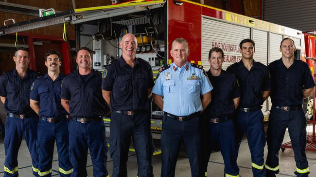 (L-R) Sam Jenner, Reece Liddell, Jason Pawley, David Small, Chief Fire Officer Stephen Sewell AFSM, Andrew Marsh, Kurtis Clarke and Leigh Arnold. Picture: Pema Tamang Pakhrin