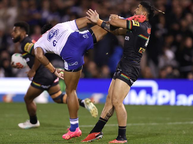 Taylan May attempts a tackle on Stephen Crichton last year. Picture: Jason McCawley/Getty Images