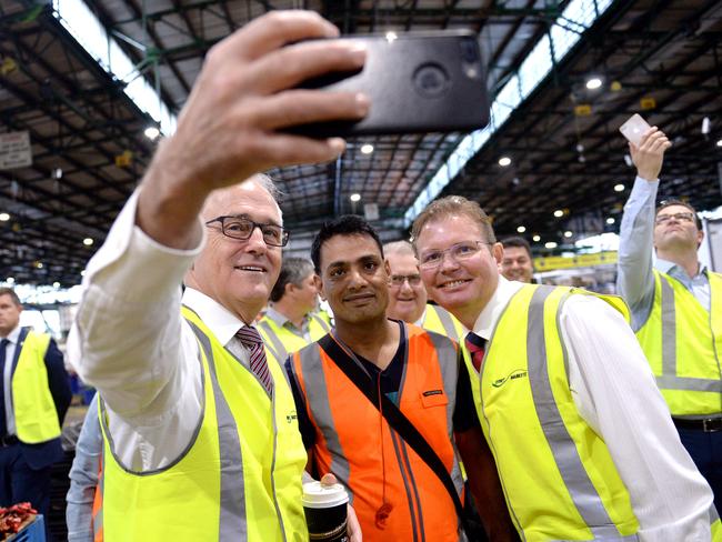 Selfie time...  Malcolm Turnbull during a visit to the Sydney Growers Market today. Picture: AAP/Jeremy Piper