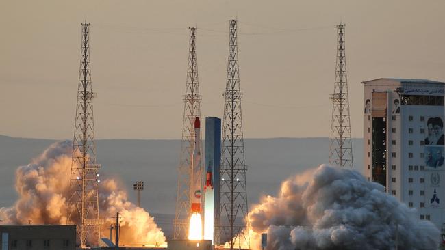 A Simorgh (Phoenix) satellite rocket lifting off during its launch at an undisclosed location in Iran. Picture: Iranian Defence Ministry/AFP