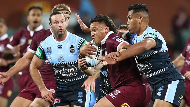 ADELAIDE, AUSTRALIA - NOVEMBER 04: Josh Papalii of the Maroons is tackled during game one of the 2020 State of Origin series between the Queensland Maroons and the New South Wales Blues at the Adelaide Oval on November 04, 2020 in Adelaide, Australia. (Photo by Cameron Spencer/Getty Images)