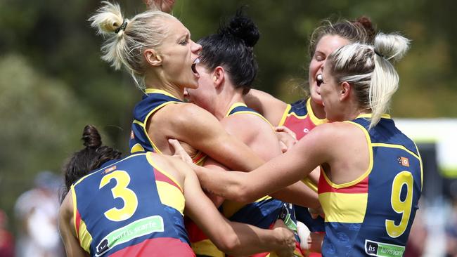 THEBBY BEST: Crows’ star Erin Phillips celebrates at Thebarton Oval in a game against Carlton in 2017. Picture Sarah Reed