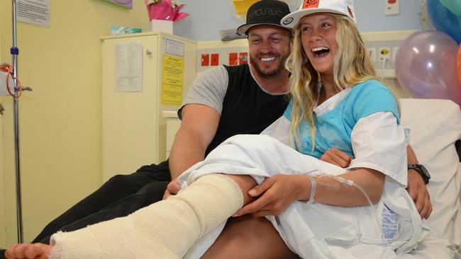 Shark Bite Victim Kirra-Belle Olsson with her father Jamie Olsson recovering in Gosford Hospital after being bitten on the leg at Avoca Beach, NSW.