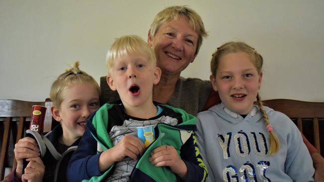 Eungella resident Robyn Burns (grandma) with grandchildren Bryce Williams, 8, Finley Williams, 5, and Jasmine Williams, 10. Ms Burns said the store was her Tuesday coffee catch-up location with a friend after they went for their walk. Picture: Heidi Petith