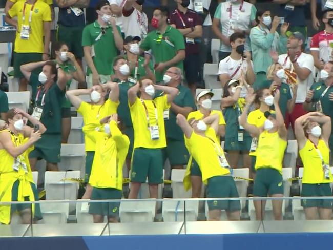 The Aussies’ reaction in the stands said it all. Picture: Channel 7