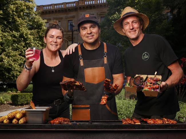 Madi Peattie of Peattie Events organiser of Flamin' Franko with Leon Graham of Sticks n Grill and Pete Roberts of Filipino Street Food.  Flamin' Franko is a new barbeque festival to be held in Hobart.  Picture: Nikki Davis-Jones