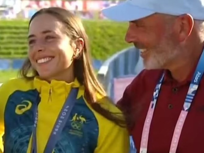 Noemie Fox with her parents Myriam and Richard, after her Olympic win. Picture: Nine