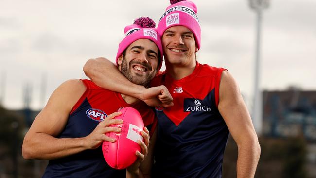 L-R  Fraser Rosman and Christian Petracca  MELBOURNE, AUSTRALIA - JULY 05: Melbourne Football Club BCNA Photos at GoschÃs Paddock on July 05, 2021 in Melbourne, Australia. (Photo by Michael Willson/AFL Photos)