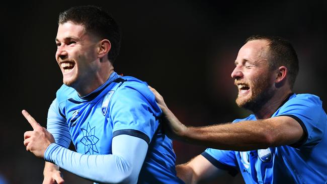 Patrick Wood (L) scored Sydney’s fourth goal late in the piece. (Photo by Mark Brake/Getty Images)