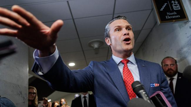 WASHINGTON, DC - DECEMBER 05: U.S. President-elect Donald Trump's nominee to be Secretary of Defense Pete Hegseth speaks to reporters after meeting with lawmakers on Capitol Hill on December 5, 2024 in Washington, DC. Hegseth continues to meet with Senate Republicans on Capitol Hill as new allegations of alcohol abuse have emerged.   Samuel Corum/Getty Images/AFP (Photo by Samuel Corum / GETTY IMAGES NORTH AMERICA / Getty Images via AFP)