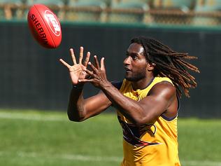 PERTH, AUSTRALIA - AUGUST 14: Nic Naitanui works on leading and marking drills during a West Coast Eagles AFL training session at Domain Stadium on August 14, 2017 in Perth, Australia.  (Photo by Paul Kane/Getty Images)