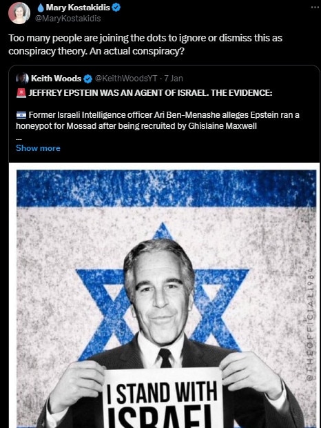 The anti-Israel social media post featuring Jeffrey Epstein by Mary Kostakidis. Picture: X