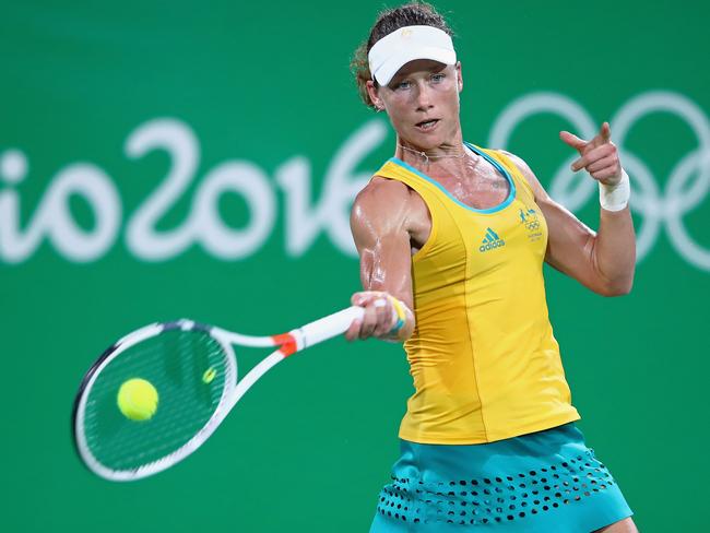 RIO DE JANEIRO, BRAZIL - AUGUST 09: Samantha Stosur of Australia hits during the women's third round singles match against Angelique Kerber of Germany on Day 4 of the Rio 2016 Olympic Games at the Olympic Tennis Centre on August 9, 2016 in Rio de Janeiro, Brazil. (Photo by Cameron Spencer/Getty Images)