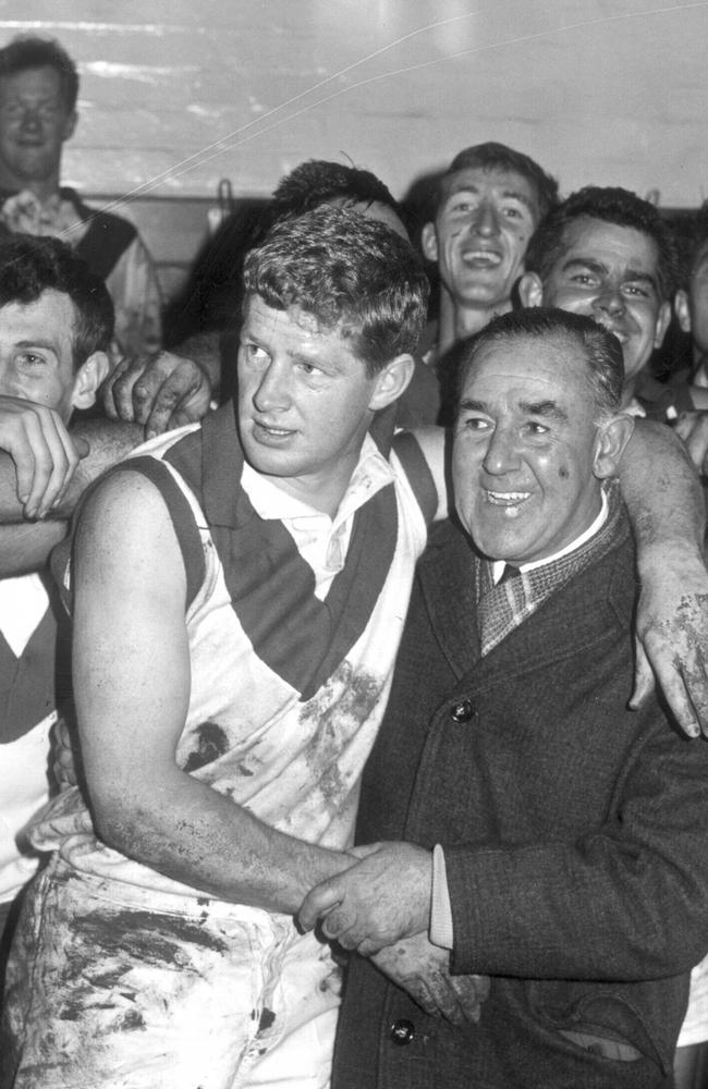 Max Papley and South assistant coach Tommy Lahiff after a South win over Carlton in 1965.