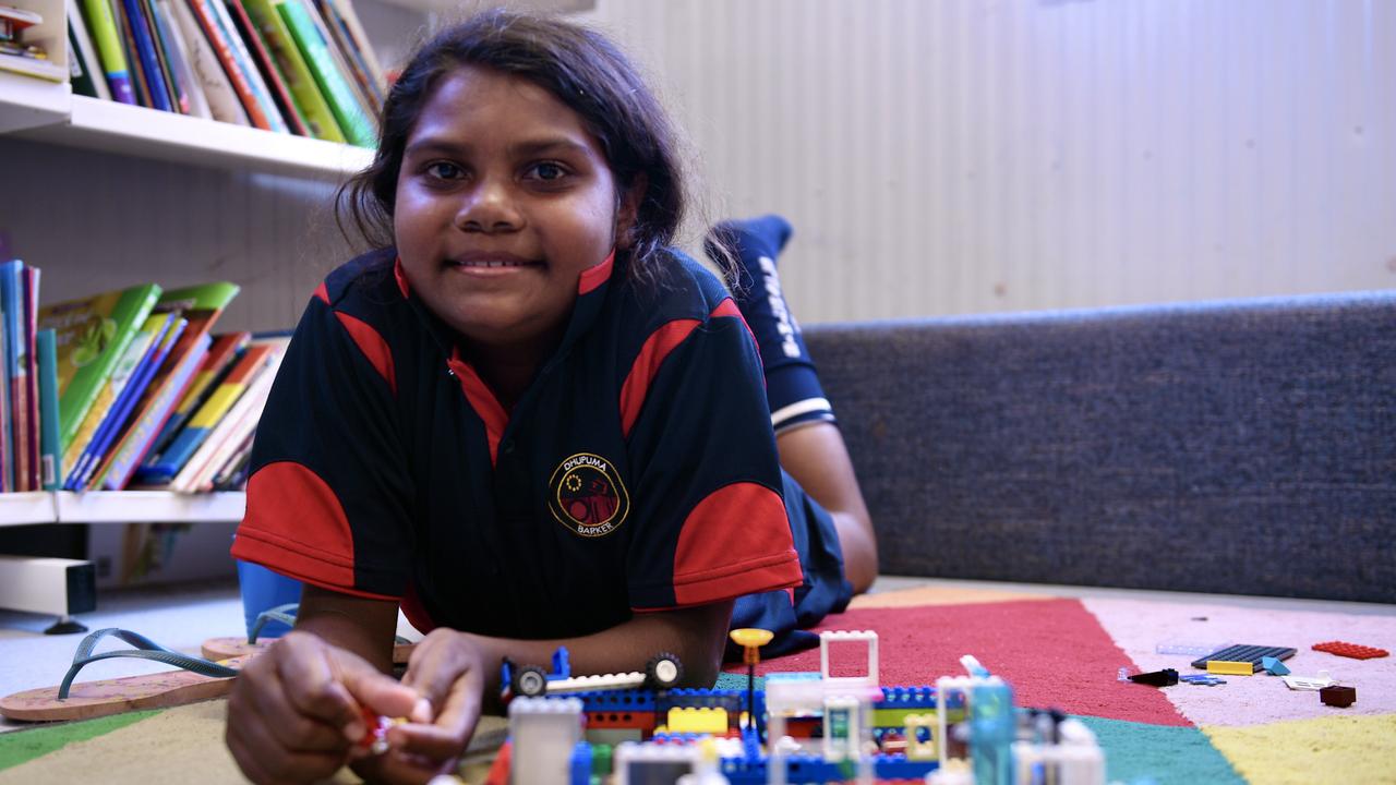 Micayla Maymurru builds a house during class as part of play learning. Picture: Amanda Parkinson