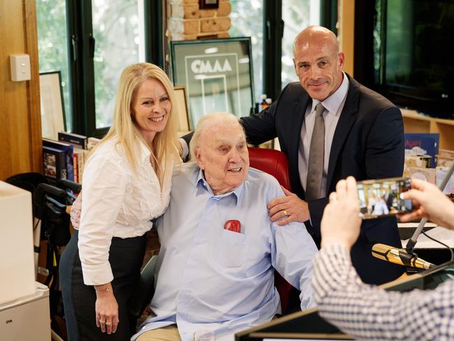 Despina Priala and George Caralis, owners of 2SM Super Radio Network, congratulate radio star John Laws, at the end of his final show on 2SM Radio. Picture: Max Mason-Hubers