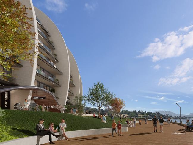 Concept drawings of a Macquarie Point Stadium which includes an outer shell of apartments, proposed by the Stadia Precinct Consortia. Picture: SolutionsWon