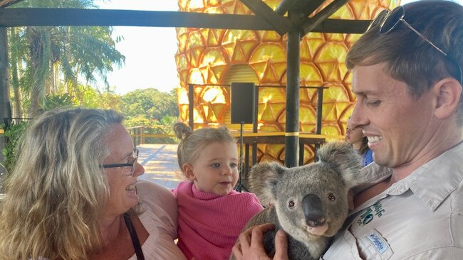 Big Pineapple grand opening - Suzanne Stoddart, Poppy McPherson, 22 months, Arlo the koala and Jarrod Schenk from Wildlife HQ. Photo: Michele Sternberg/Visit Sunshine Coast