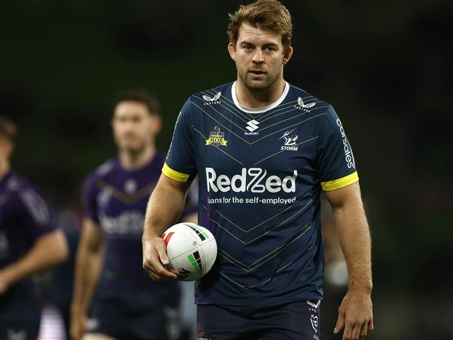 MELBOURNE, AUSTRALIA - SEPTEMBER 15:  Christian Welch of the Storm warms up before the NRL Semi Final match between Melbourne Storm and the Sydney Roosters at AAMI Park on September 15, 2023 in Melbourne, Australia. (Photo by Daniel Pockett/Getty Images)