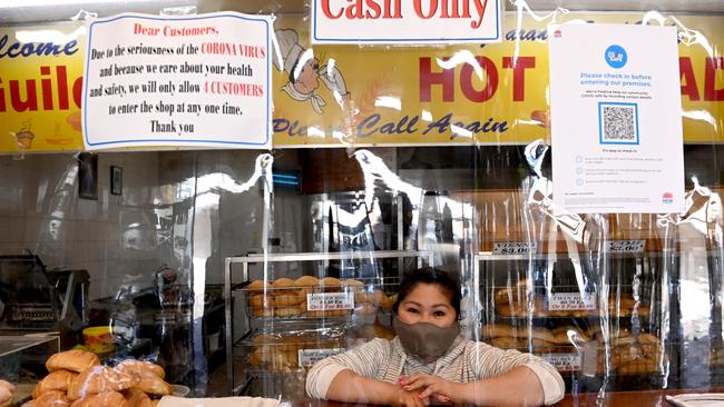 Jessica Lam, 48 of Fairfield working at the Guildford Hot Bakery. She works in one of the LGAs most affected by the latest Covid-19 outbreak in West and South West Sydney. Picture: Jeremy Piper