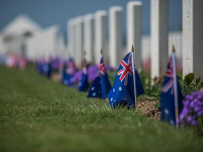 The names of 10,000 Australian soldiers who were lost are engraved on a memorial wall outside the village of Villers-Brettoneux. Picture: Alastair Miller