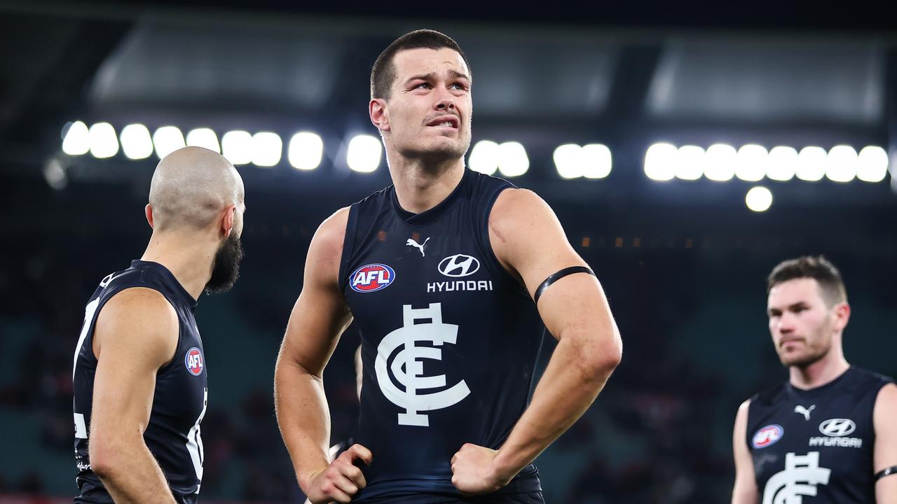 Carlton forward-ruck Jack Silvagni will miss the 2024 AFL season after rupturing his ACL at training on Thursday. Picture: Dylan Burns / Getty Images