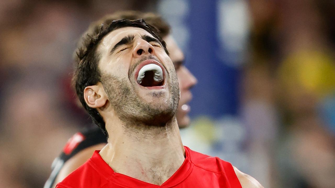 MELBOURNE, AUSTRALIA - APRIL 24: Christian Petracca of the Demons reacts during the 2024 AFL Round 07 match between the Richmond Tigers and the Melbourne Demons at the Melbourne Cricket Ground on April 24, 2024 in Melbourne, Australia. (Photo by Dylan Burns/AFL Photos via Getty Images)