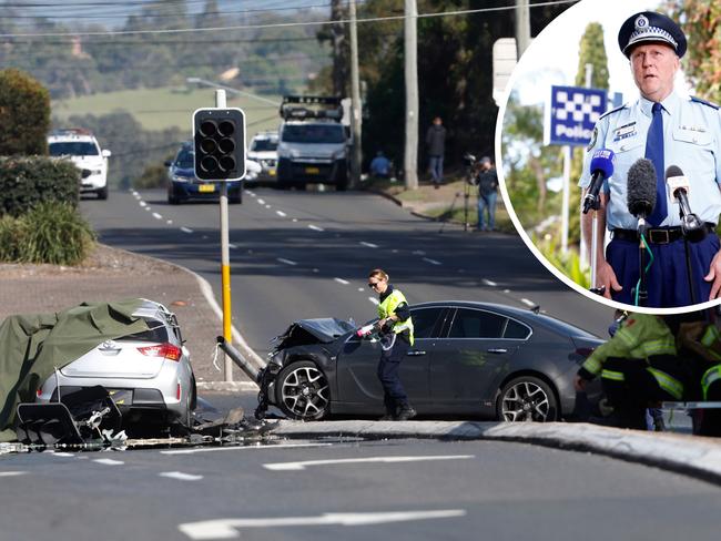 NSW Police Assistant Commissioner Gavin Wood (inset) speaks to the media on October 22, 2024, about a fatal crash on the Great Western Highway. Pictures: Richard Dobson